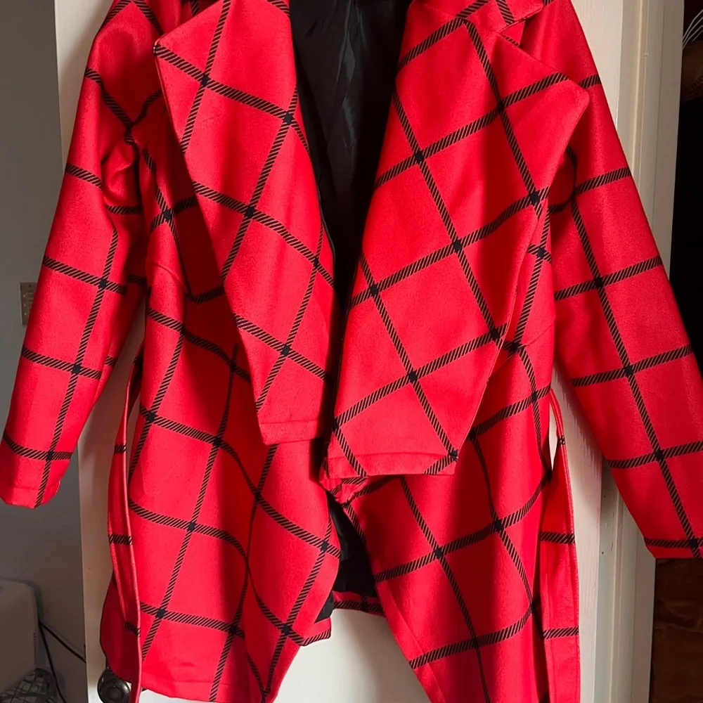 Fashion Nova Red Checkered Trench Coat - Picture 2 of 3